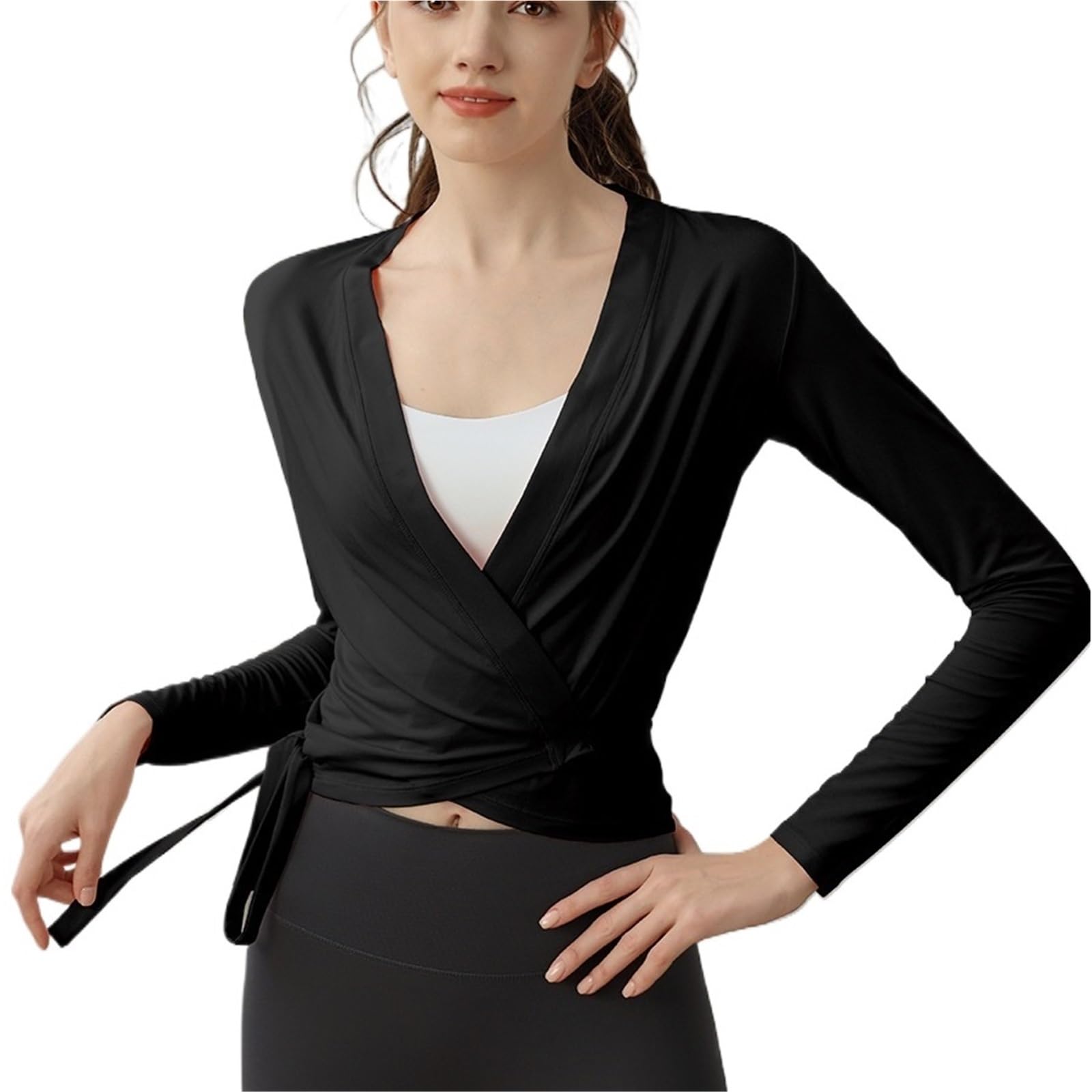 Wickeloberteil Damen Schlanke Langarm Schnürung vorne offen Shirt Yoga Tops Quick Dry Atmungsaktiv Outdoor Gym Laufen Frauen Sport