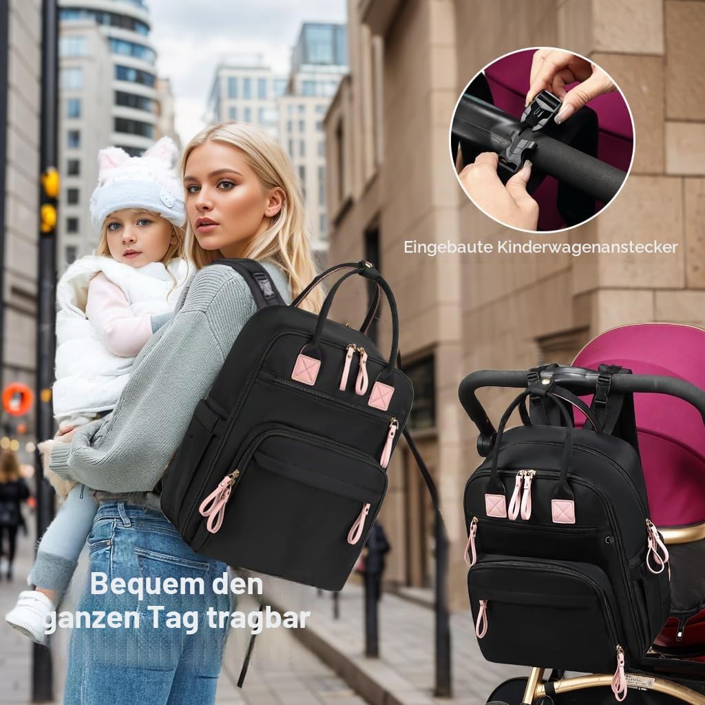 LORADI 18 Taschen Wickeltasche Rucksack Großer Wickelrucksack | Kinderwagen Clips, Gepäckhülse für Reisen, 4 isolierte Taschen, wasserdicht, leicht zu reinigen, langlebig
