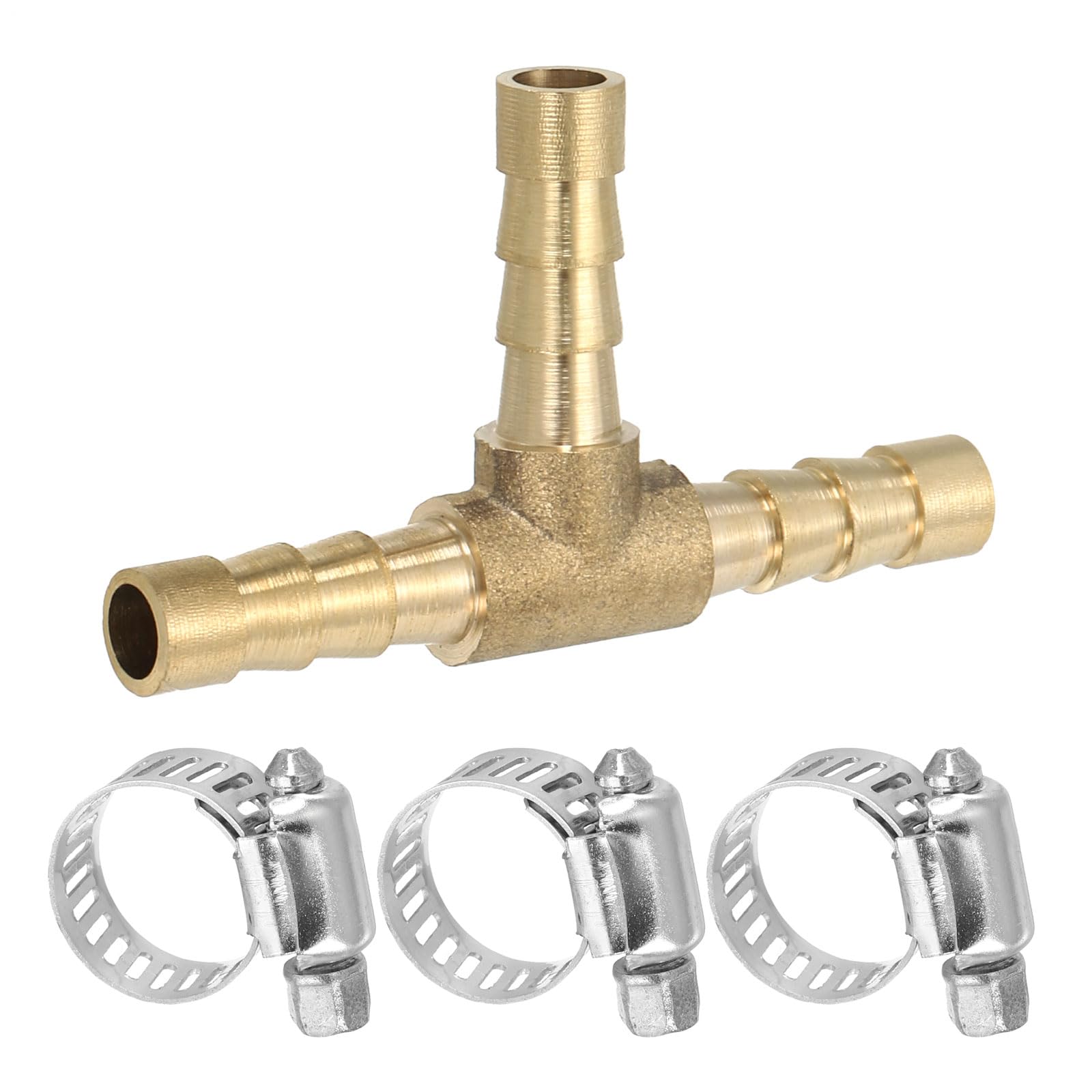 PATIKIL 1/2" Brass Tee Hose Barb Fitting, 3 Ways Union Intersection T Shape Barbed Split with Clamps for Air Water Fuel Gas Liquid, Golden — view 8