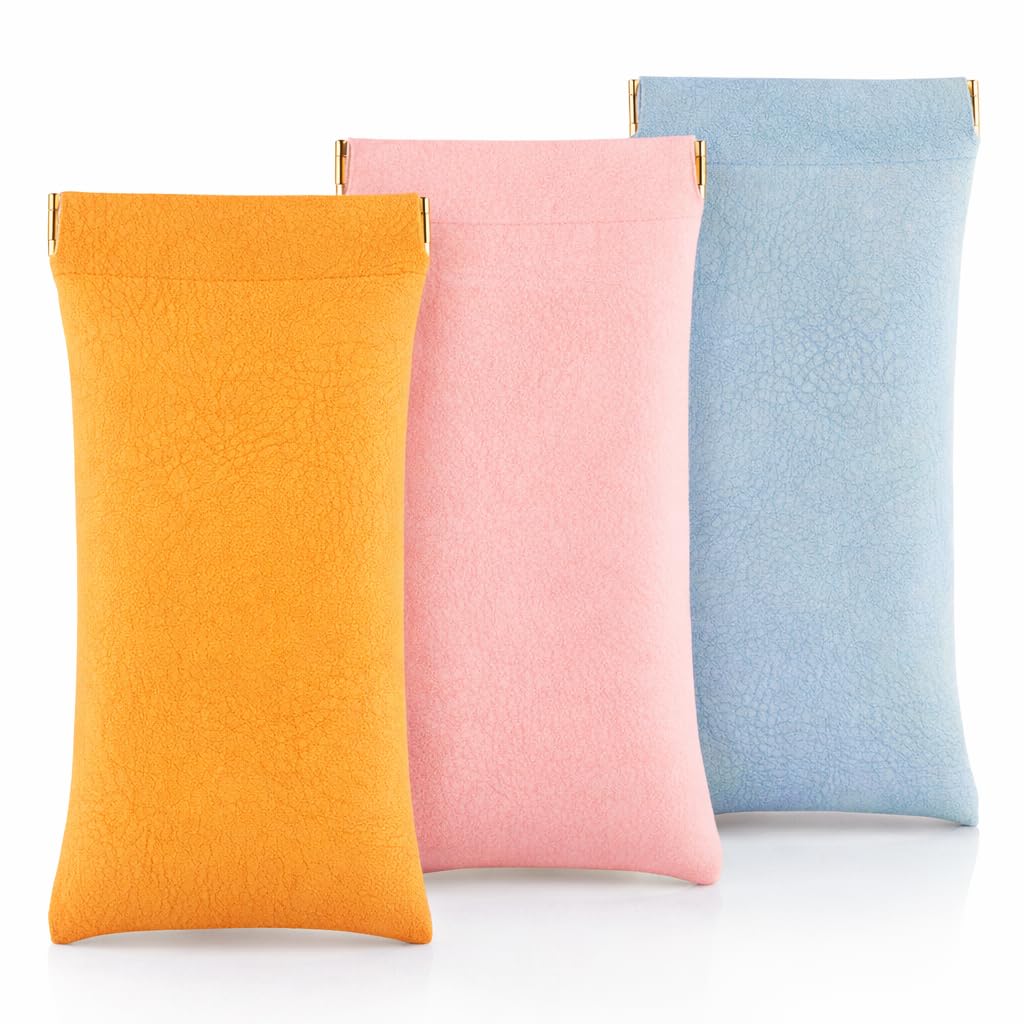 FHJLZFA 3 pack leather eyewear case PU soft sunglasses bag squeeze top portable lightweight eyewear case for men and women