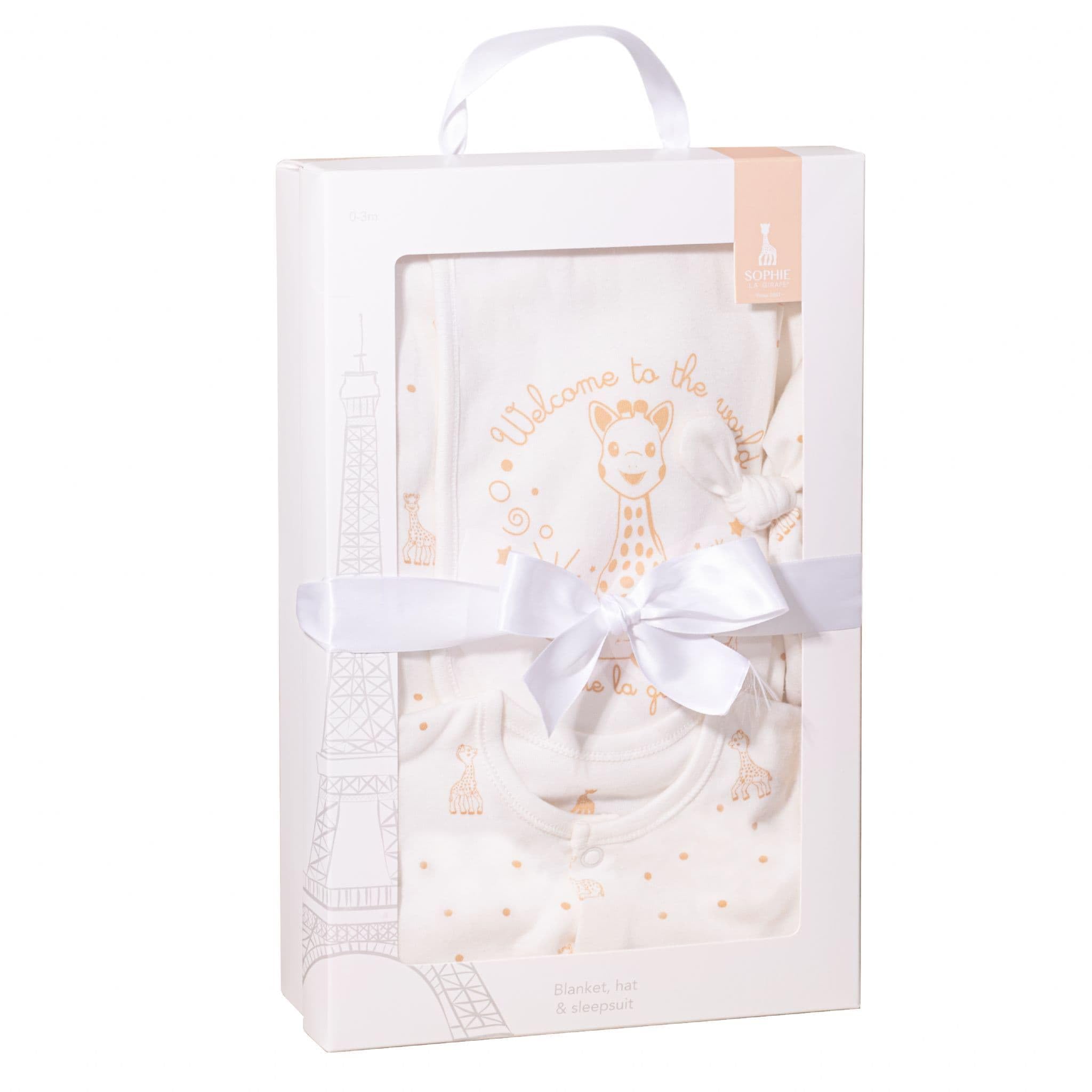 Sophie la girafe Baby Gift Set - Soft Comfy Nightwear Babies Essentials for Newborn Includes Sleepsuit Hat & Blanket - Infant Boy & Girl Present Gifts for Baby Shower Outing Birthdays