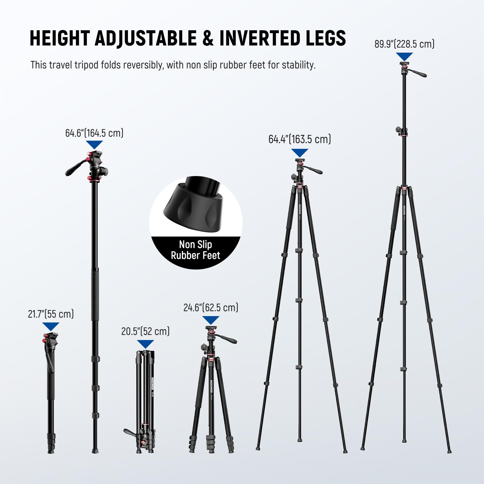 NEEWER Poziomy statyw do kamery górnej, monopod z głowicą płynu i elastyczną kolumną środkową, 90-calowy metalowy stojak podróżny DSLR, płyta QR typu Arca i odwrócone nogi, maksymalne obciążenie 6 kg