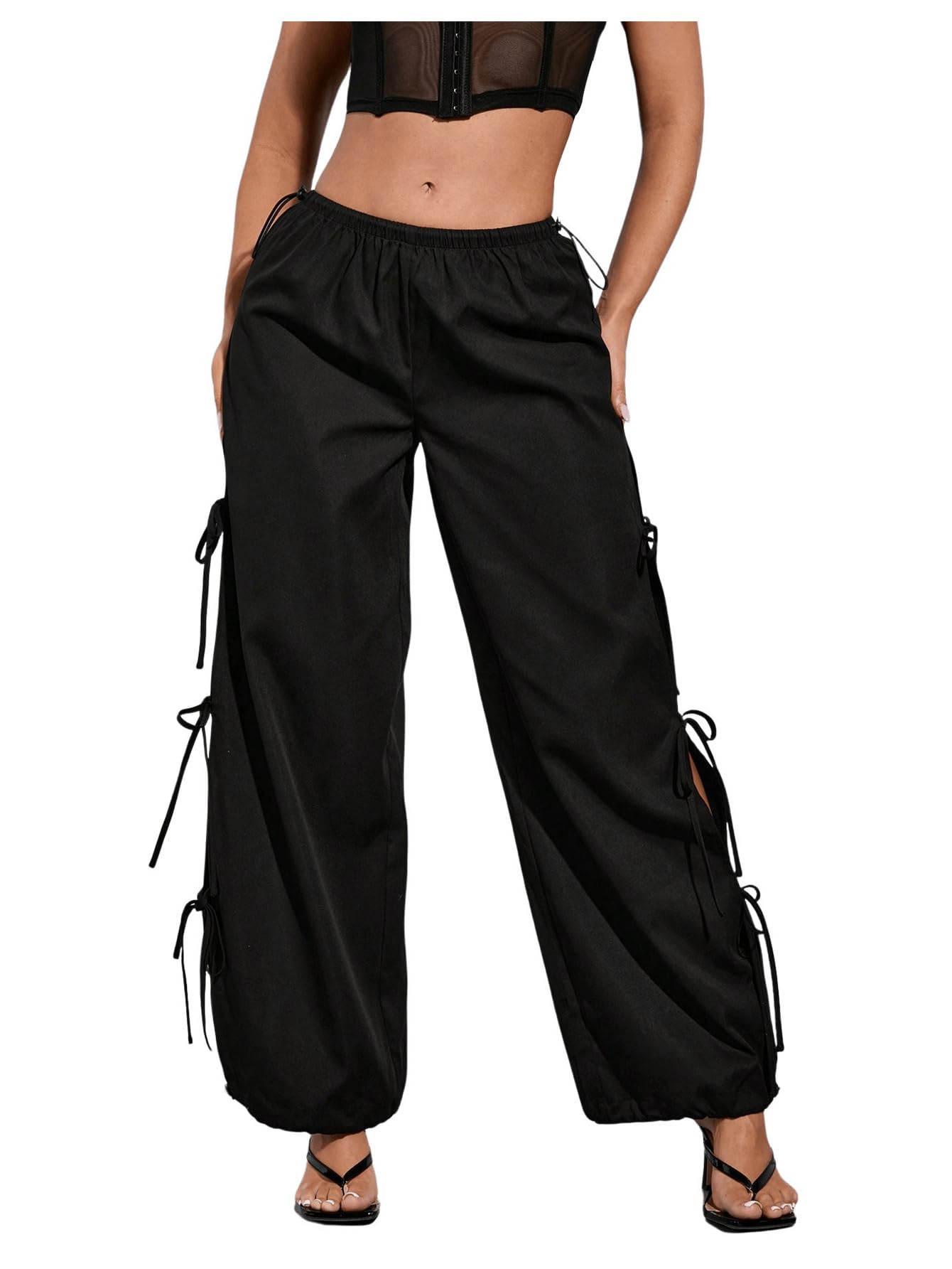 WDIRARA Womens Bow Tie Side Split Straight Leg Pants Drawstring Low Rise Trousers