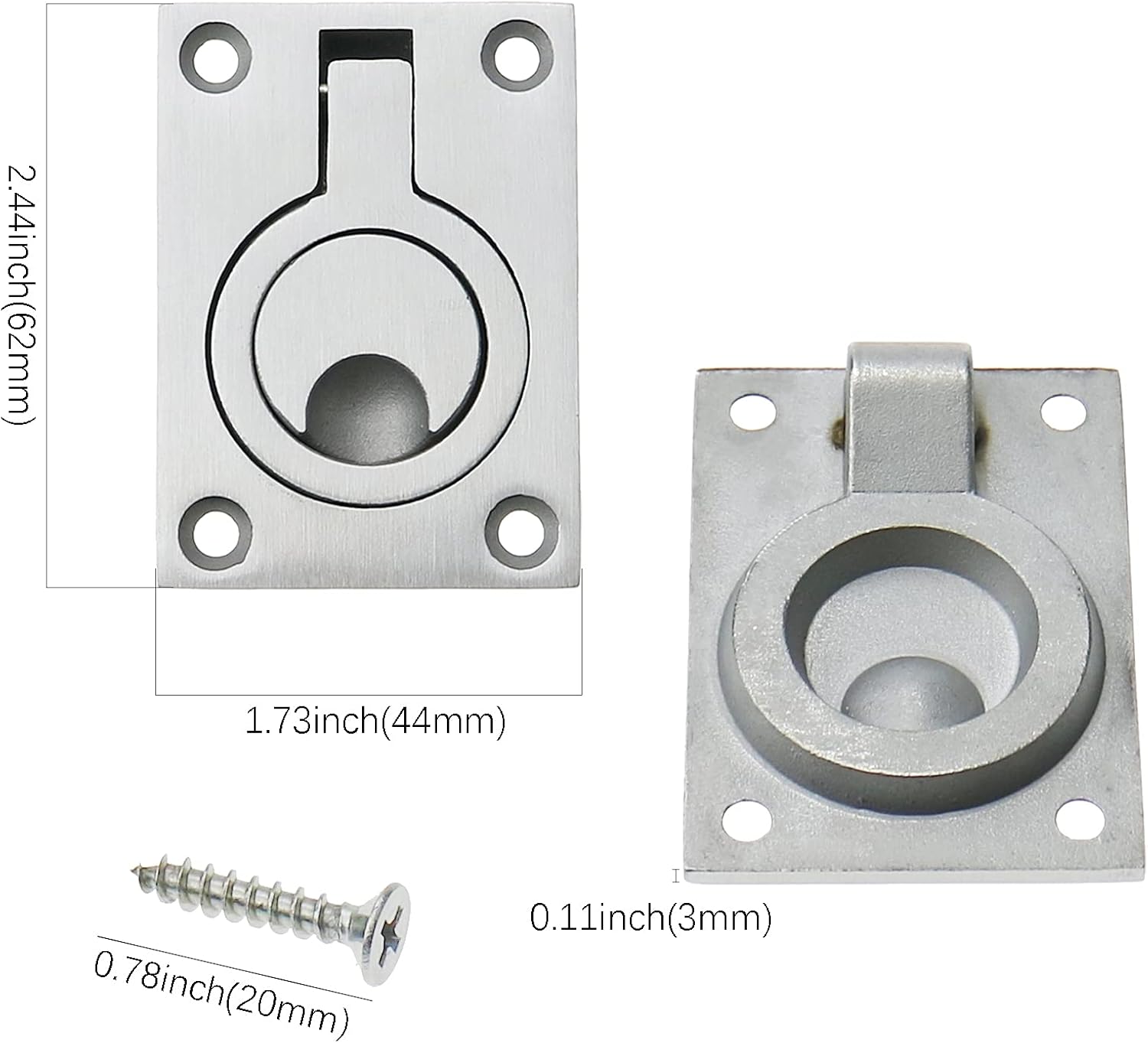 Luckycivia 2 Pack Stainless Steel Square Flush Pull Ring Handles 304, Hidden Recessed Furniture Handle, Recessed Boat Hatch Latch Cabinet Flush Mount Lifting Ring Pull Handle (2.44 x 1.73 Inch)