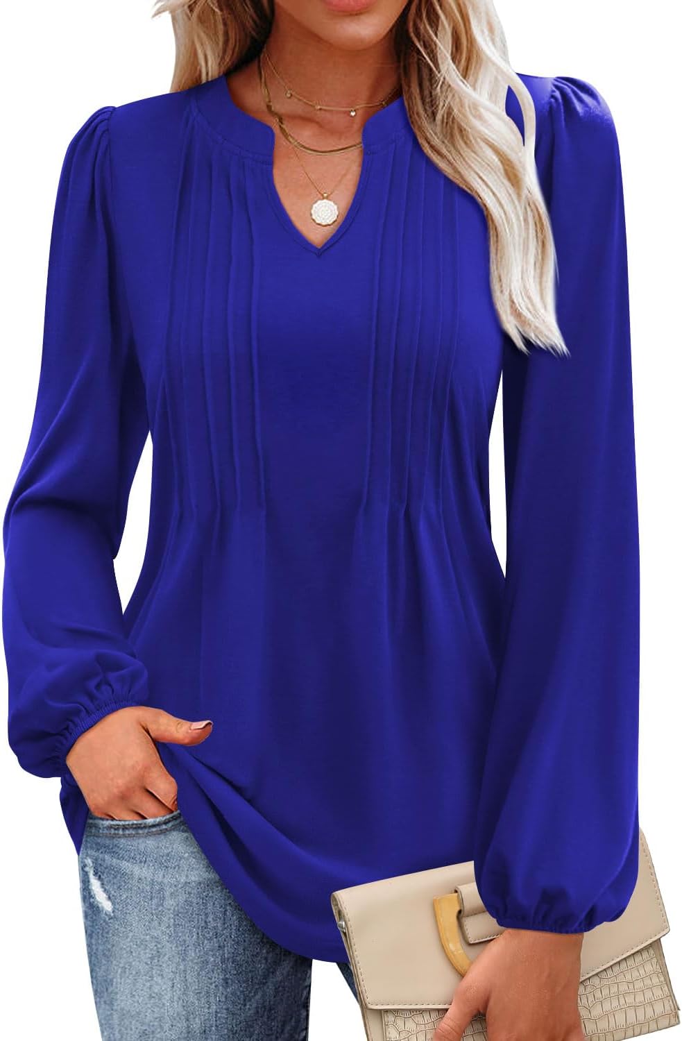 MIHOLL Women's V Neck Puff Long Sleeve T Shirts Pleated Casual Loose Tunic Blouse