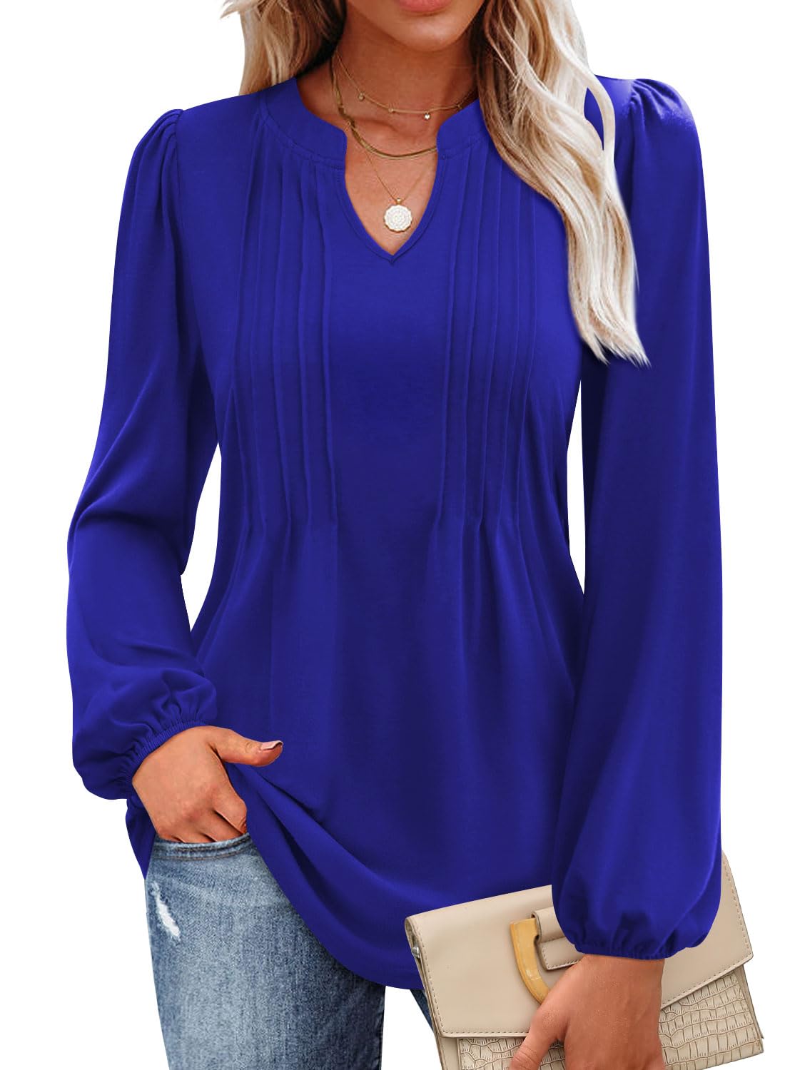 MIHOLLWomen's V Neck Puff Long Sleeve T Shirts Pleated Casual Loose Tunic Blouse