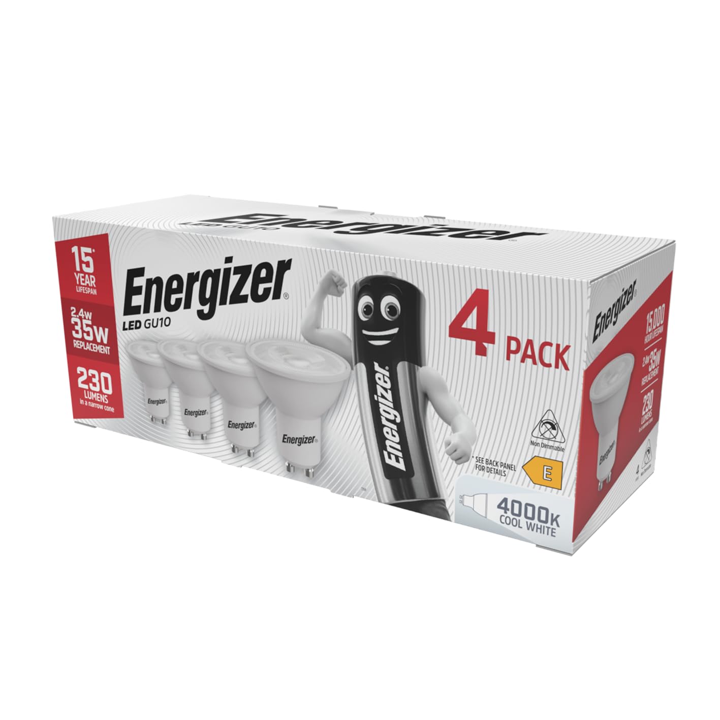 Energizer GU10 LED Bulbs Cool White 4000K Light Bulb Pack of 4 – 35W Halogen Spotlight Bulb Equivalent Replacement – 230LM Energy Saving 2.4W GU10 Non Dimmable LED Bulbs
