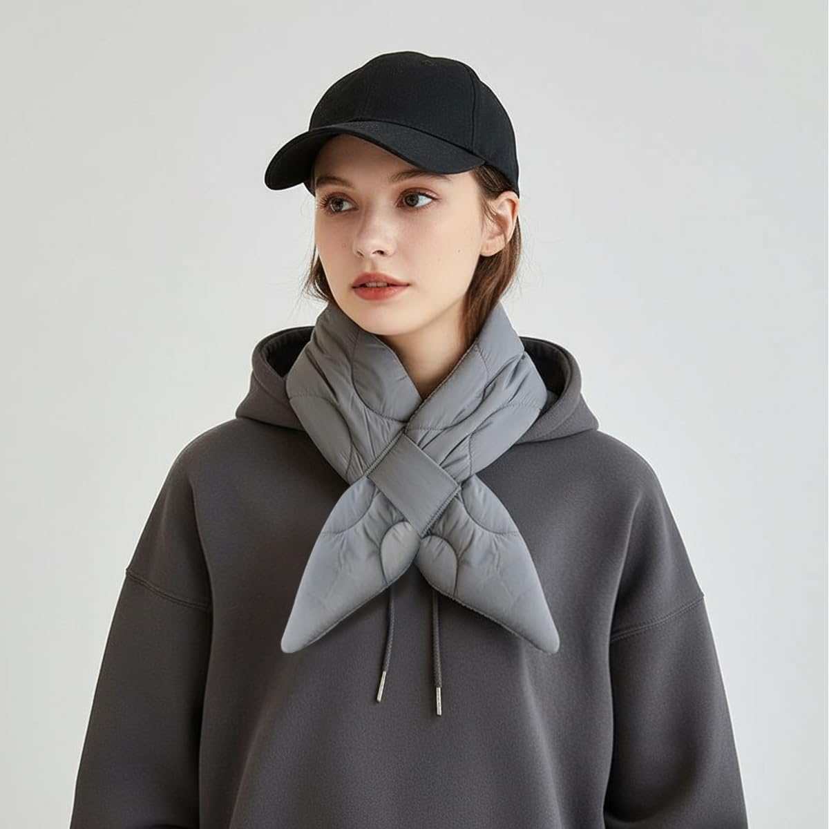 Winter Warm Scarf Solid Color Cotton Down Puffer Scarf Easy Pull-Through Small Neck Scarves Cross Collar Scarves - Image 2