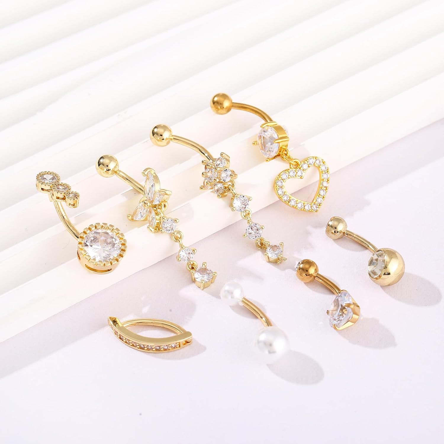 Spiritlele 8Pcs Belly Button Rings for Women 14G Gold Silver CZ Belly Rings Stainless Steel Dangle Clicker Navel Ring Piercing Jewelry with Heart Butterfly - Image 3
