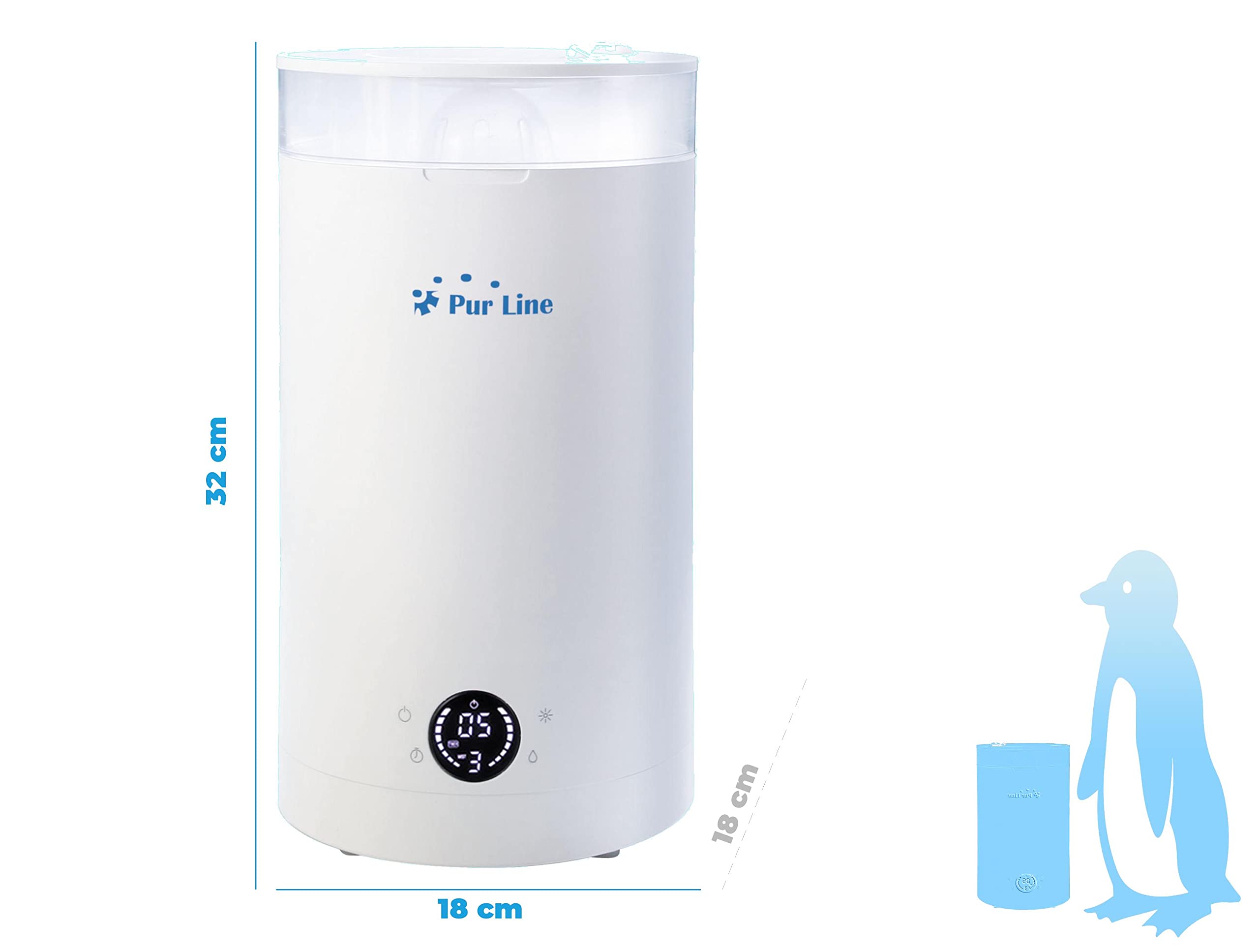 PUR LINE | Humidificador Ultrasónico 3L con Vapor Frío o Templado – Humidificador 27W con Panel Táctil, Temporizador y Apagado Automático, de Aire Silencioso para Dormitorio, Bebé y Hogar