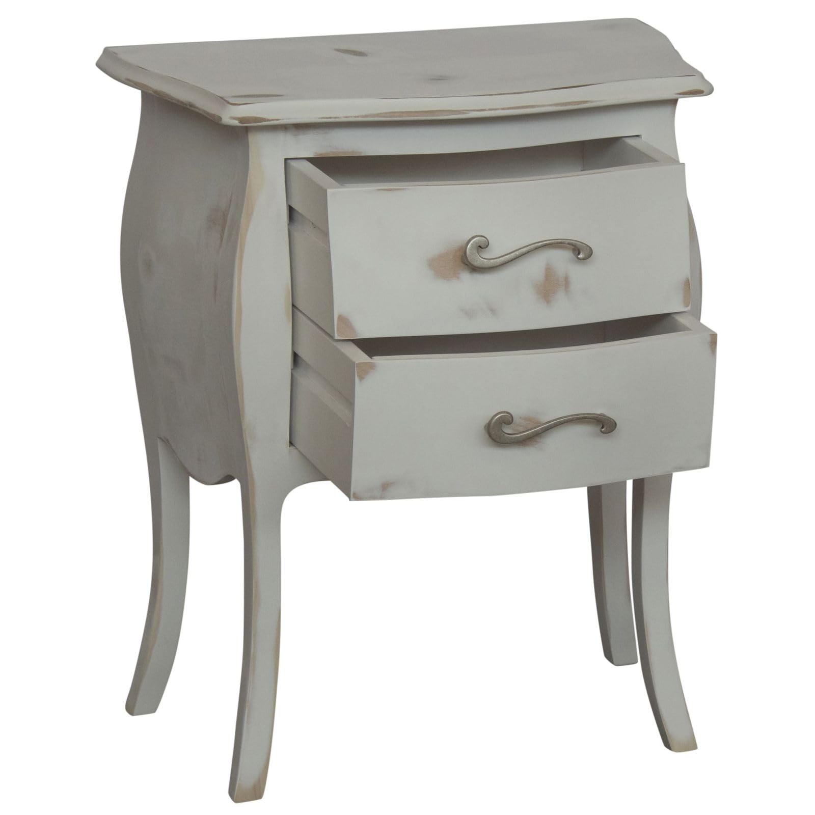 GRUPPO COMO' E 2 COMODINI BOMBATI IN LEGNO SHABBY CHIC FOGLIA ARGENTO Maniglie Swarovski