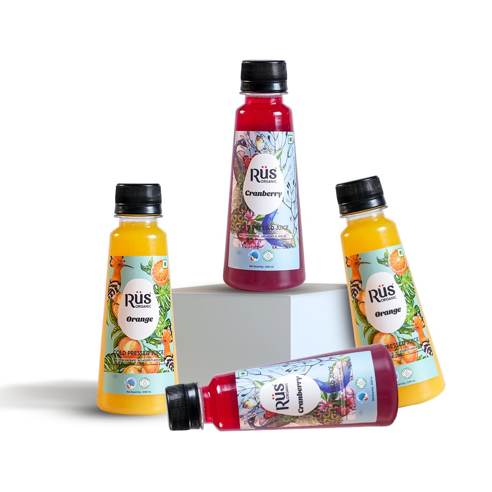 Rus Organic Tangy Fruit Juice Orange, Cranberry | No Added Concentrates, No Added Colors | Sugar-Free & Cold-Pressed for Pure, Tasteful Juices Pack 4 (200ml each)