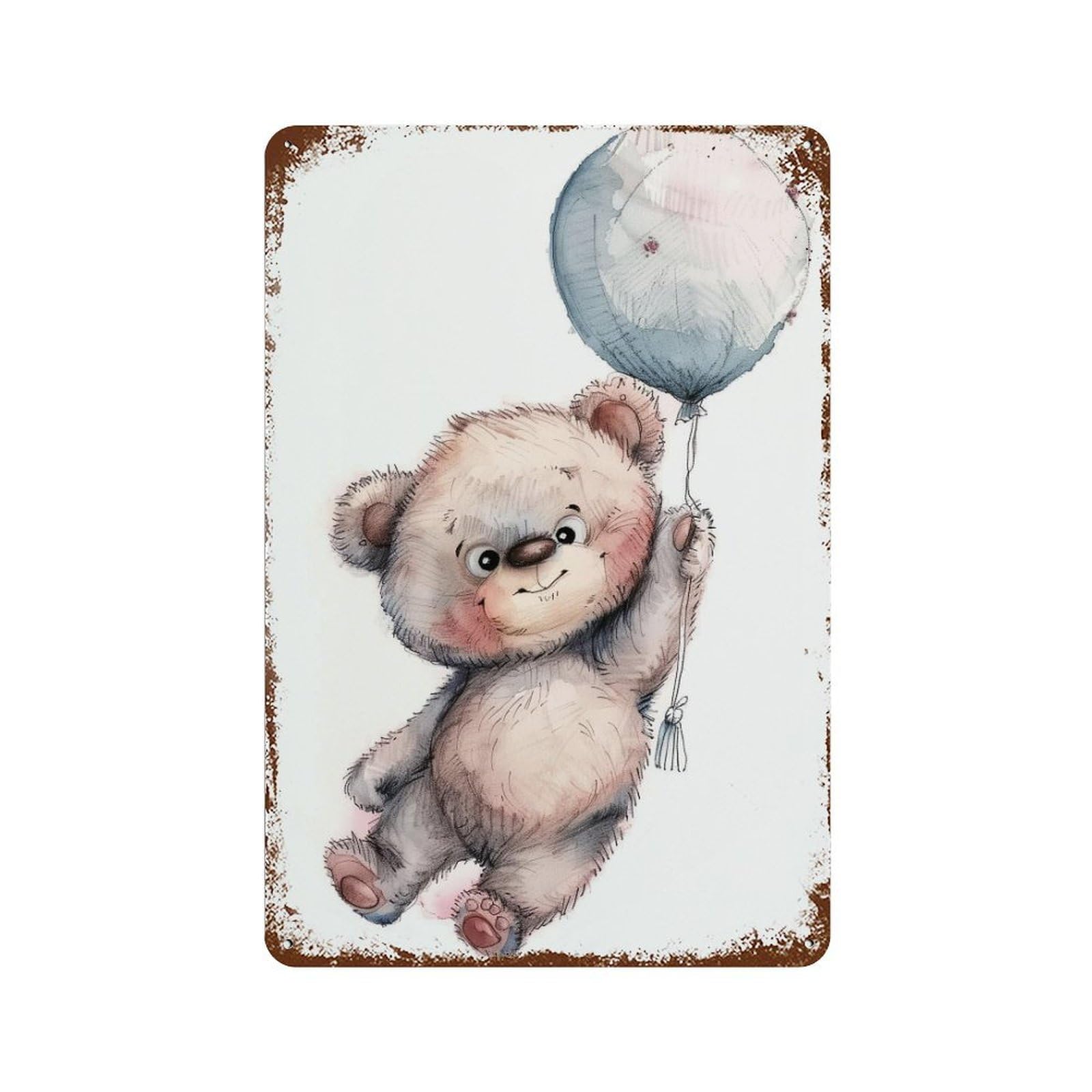 Aged Metal Wall Plaque with Cute Teddy Bear Balloon Design 11.8"x7.9", for Shed, Workshop And Garage Wall Decor, Decorative Metal Wall Art