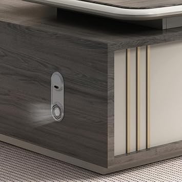 Modern Executive Desk Modern Executive Table, L-Shaped Business Computer Desks, Large Office Desk with Drawers and Lateral Cabinet, Business Furniture Table with Storage Shelves, Light Strip for Busin