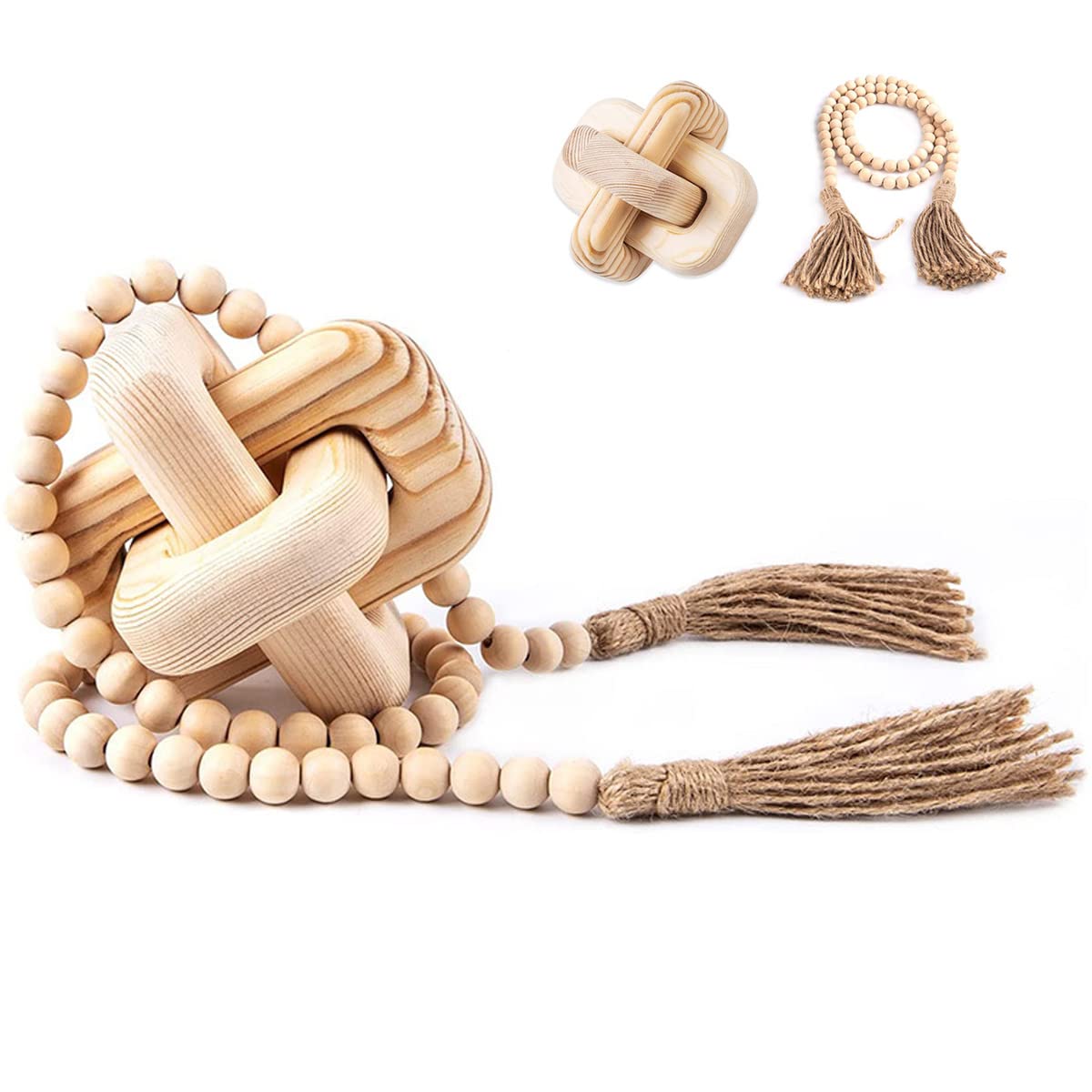 2 Pieces Decorative Wood Chain Link and Wood Bead Garland Set, 40 Inch Wood Bead Boho Farmhouse Decor with Tassel, Wood Knot Decor for Living Room Farmhouse Coffee Table Decor.