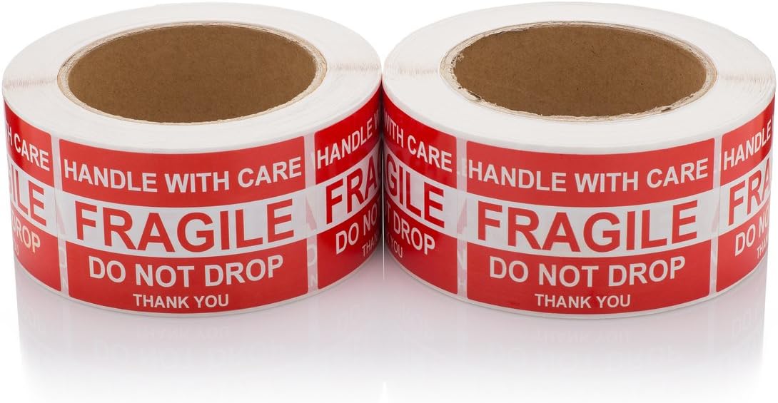 Handle With Care/Fragile/Do Not Drop/Thank You, Fragile Shipping Stickers, Moving Labels, 1,000 Labels, 2 Rolls (500 Per Roll), 2"x3", By Labelbasics