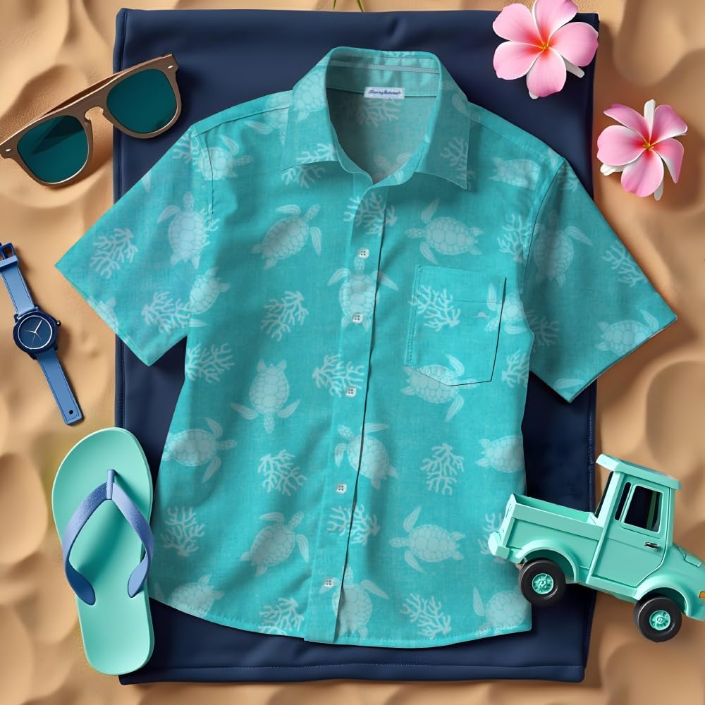 Tommy Bahama Boys Classic Woven Button-Down Hawaiian Shirt & Elastic Waist Pants Set - Casual 2-Piece Summer Outfit for Kids
