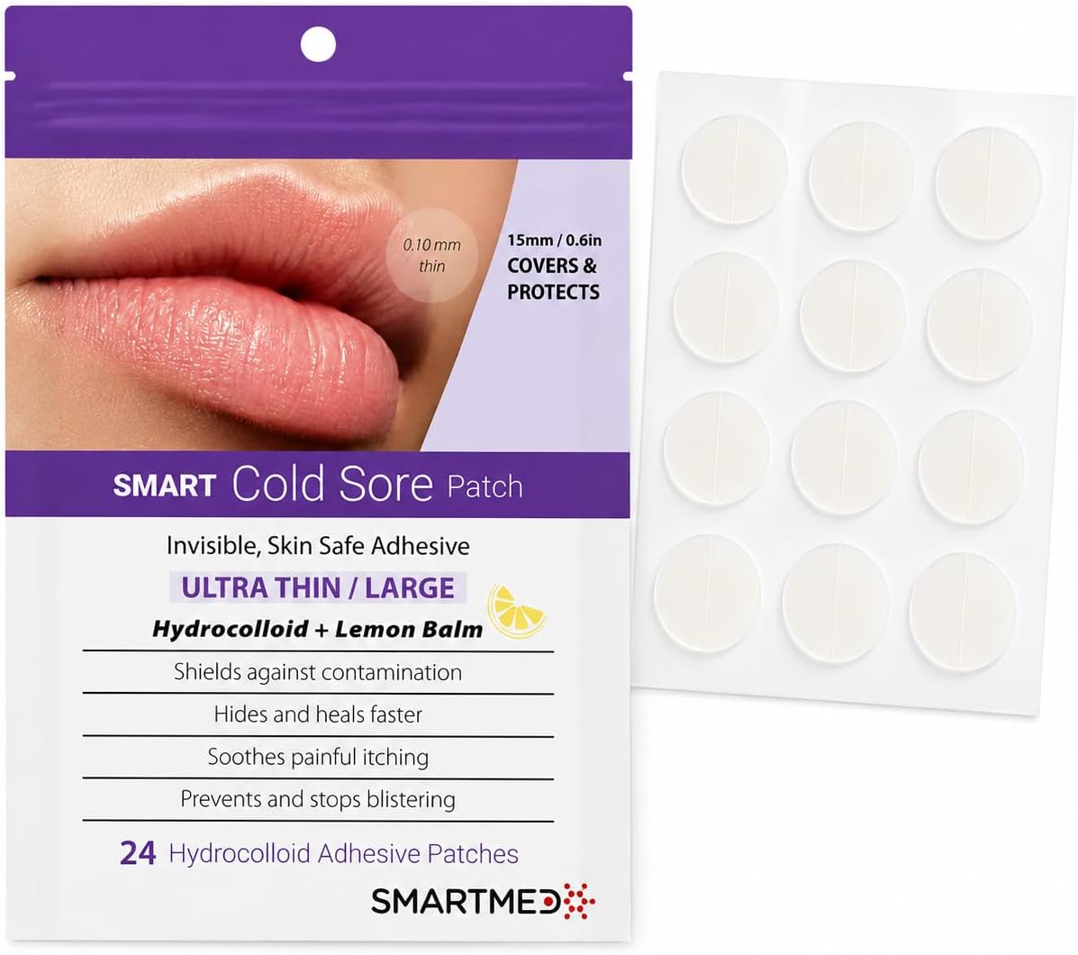 Smart Cold Sore Treatment Patch with Lemon Balm Large 15mm Soothe Itching and Burning - Skin Safe Adhesive