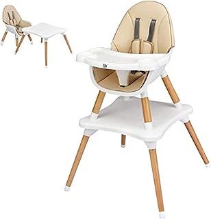 COSTWAY 4 in 1 Convertible High Chair, Multi-Functional Dining Highchair with Adjustable Legs, Detachable 4-Position Tray, 5-Point Seat Belt, Wooden Feeding Chair for Baby, Infants, Toddlers (Khaki)