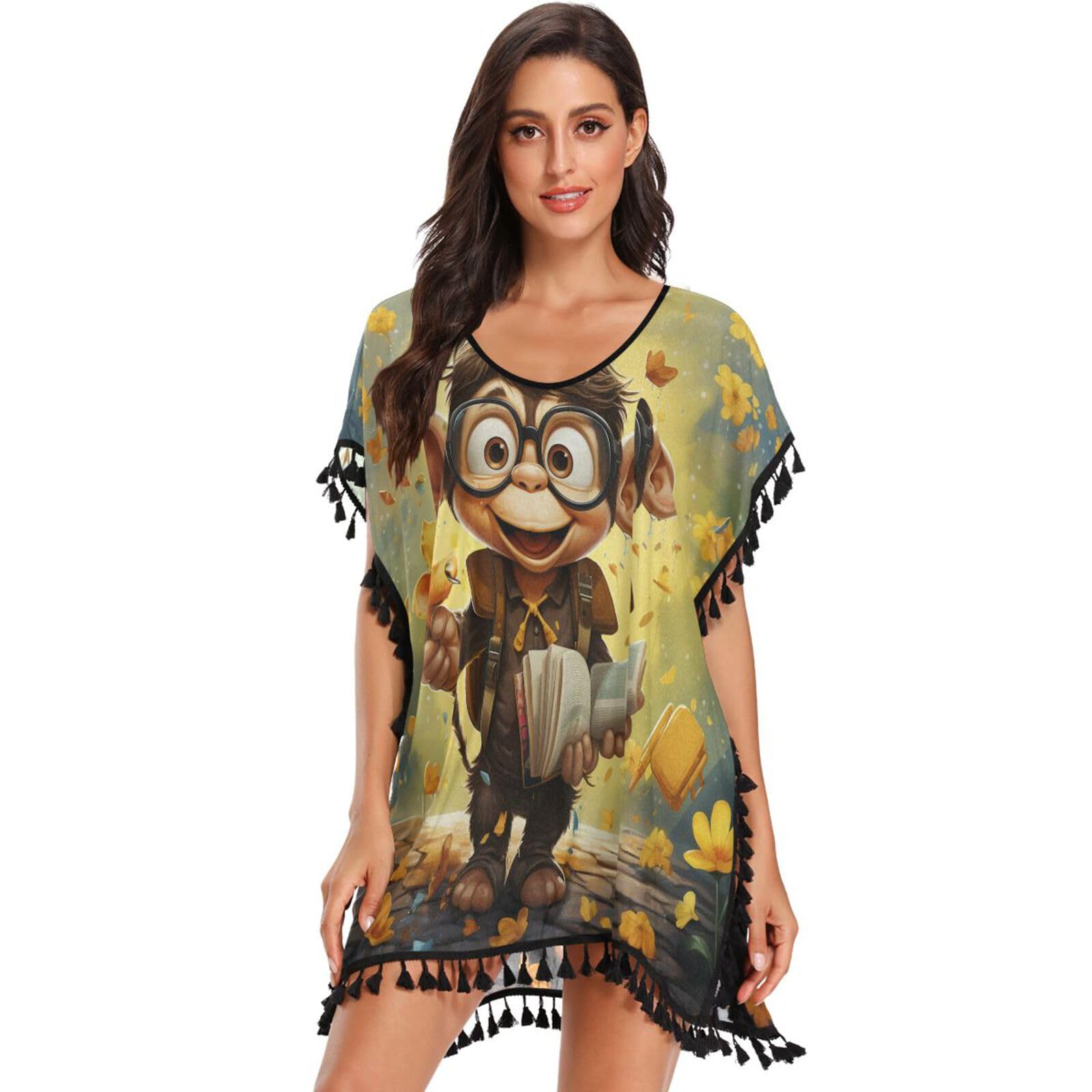 Crayon Art Brown Chimpanzee Women's Beach Cover Up Chiffon Tassel Swimwear Swimsuit Coverups for Girl