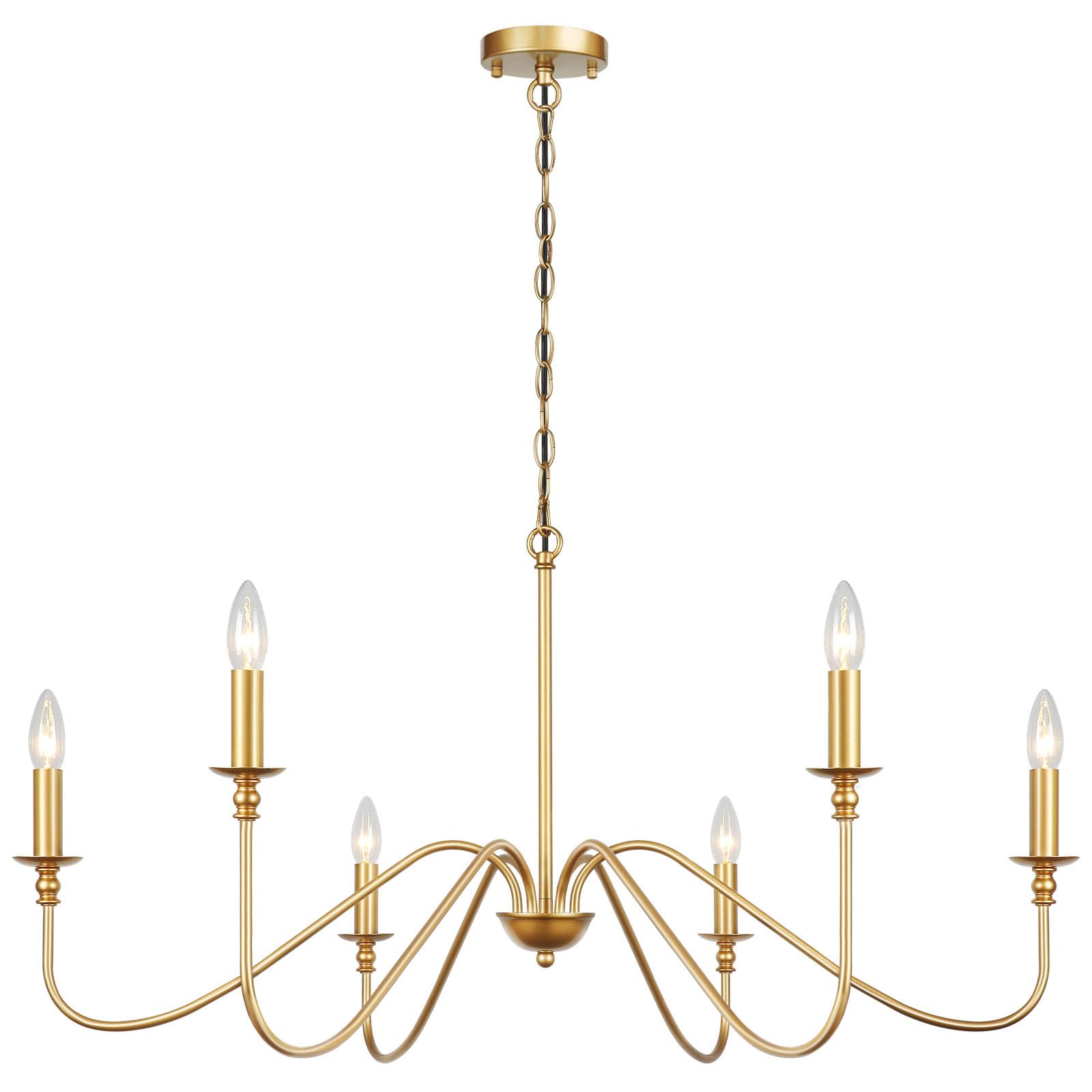 FinExpect Gold Chandelier 6-Light Modern Brass Farmhouse Chandelier Wrought Iron Classic Candle Ceiling Pendant Light Fixture for Dining Room Living Room Kitchen Island Entry Stairwell, Dia 35"