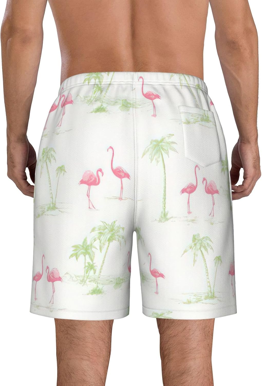 Flamingos Print Men's Hawaiian Beach Shorts Elastic Novelty Summer Casual Shorts with Pocket