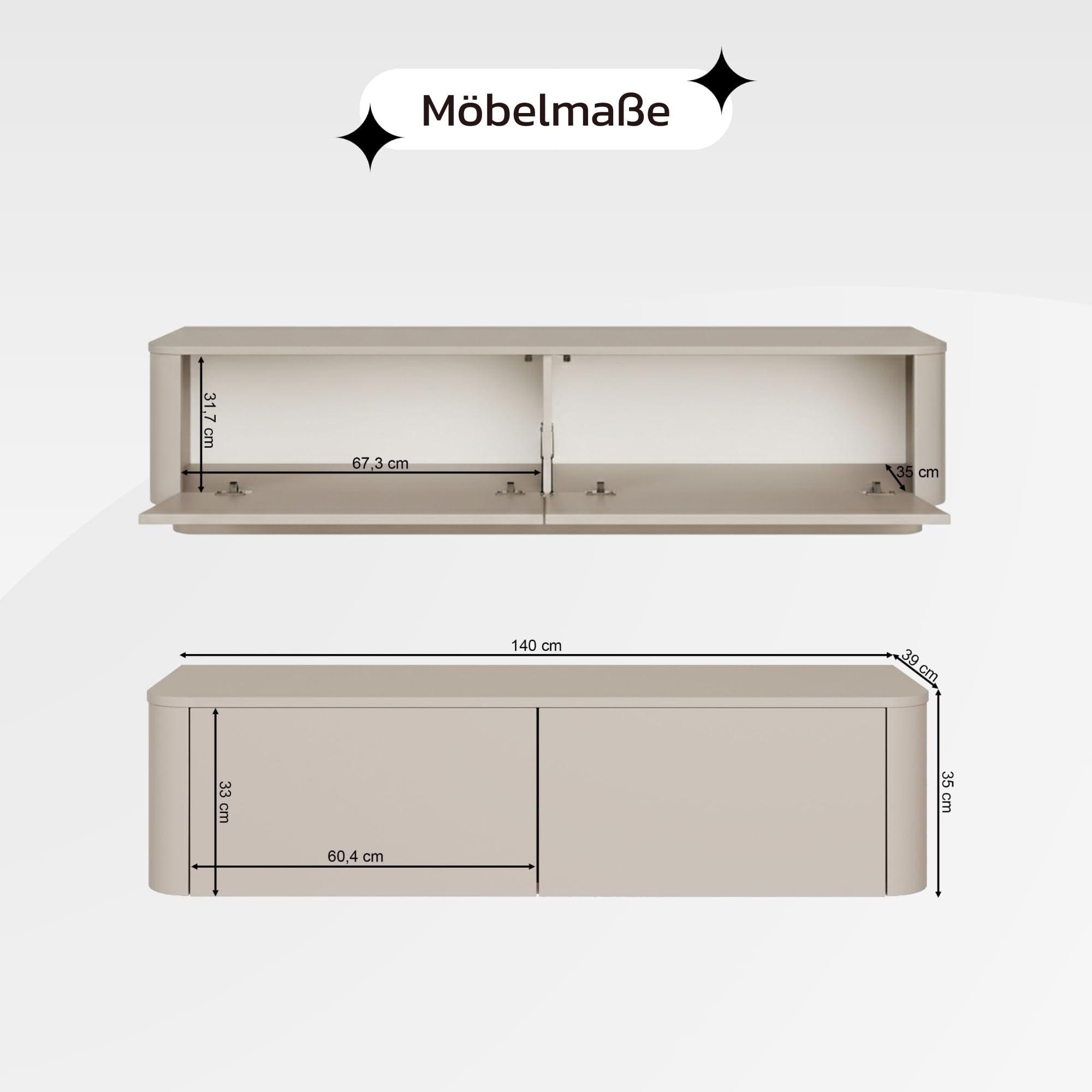 Selsey Szafka pod telewizor 140 cm, wisząca szafka pod telewizor z matowym wykończeniem, w kolorze kaszmiru, meblościanka do salonu, z listwami MDF, miejsce do przechowywania z klapkami, w zestawie