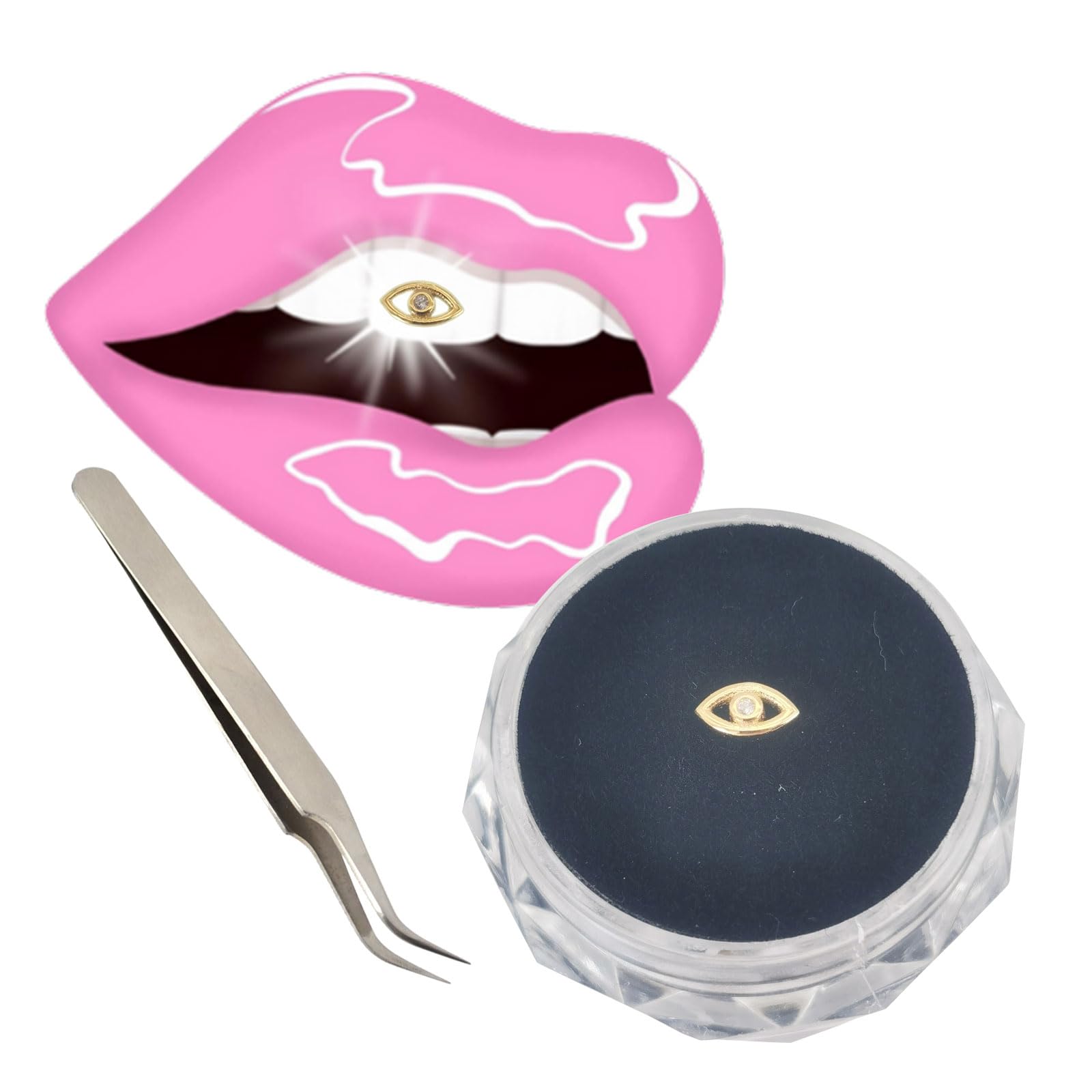 Chamon Tooth Gems, 8K Gold Dental Jewelry 4-6mm, 1 Piece Teeth Gems Starter Kit with with Tweezers (Evil Eyes)