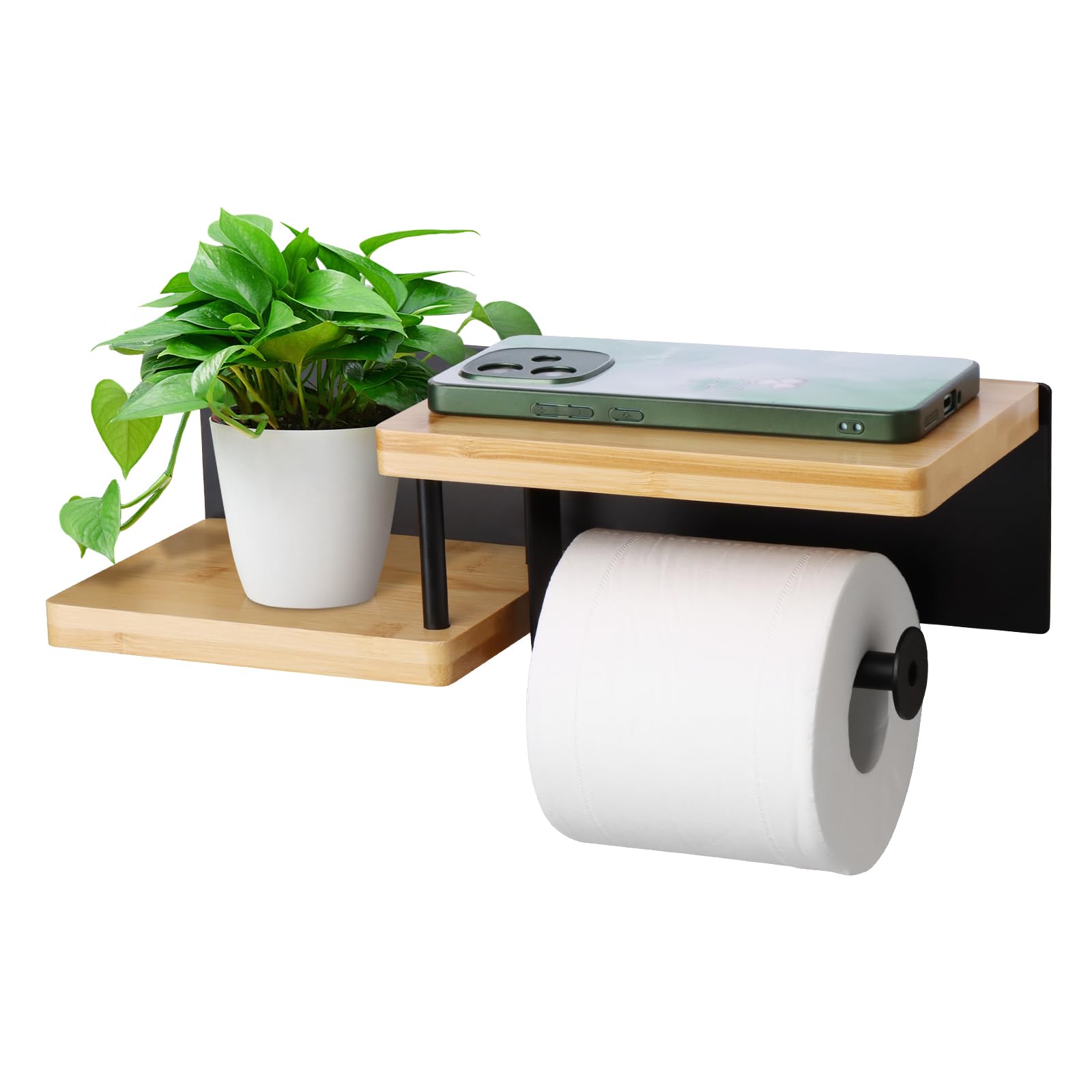 Toiletrolhouder Wit Met Bamboe Plank Zonder Boren Zelfklevende Toiletpapierhouder 2 in 1 WC Rolhouder Met Boren Toilet Paper Holder