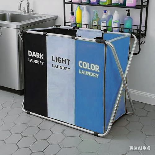 Miniatura 3 de Cesta clasificadora de tela de lavandería de 135 litros, plegable, 3 secciones con marco de aluminio de 26 x 24 pulgadas de alto, bolsa de ropa