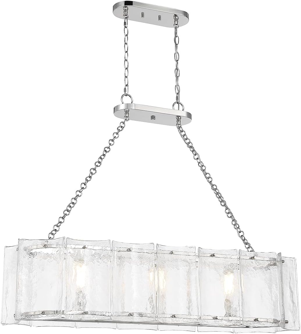 Savoy House 1-8203-3-109 Genry Coastal Farmhouse Clear Water Piastra Glass Linear Chandelier, 3-Light 180 Total Watts, 32" H x 13" W, Polished Nickel