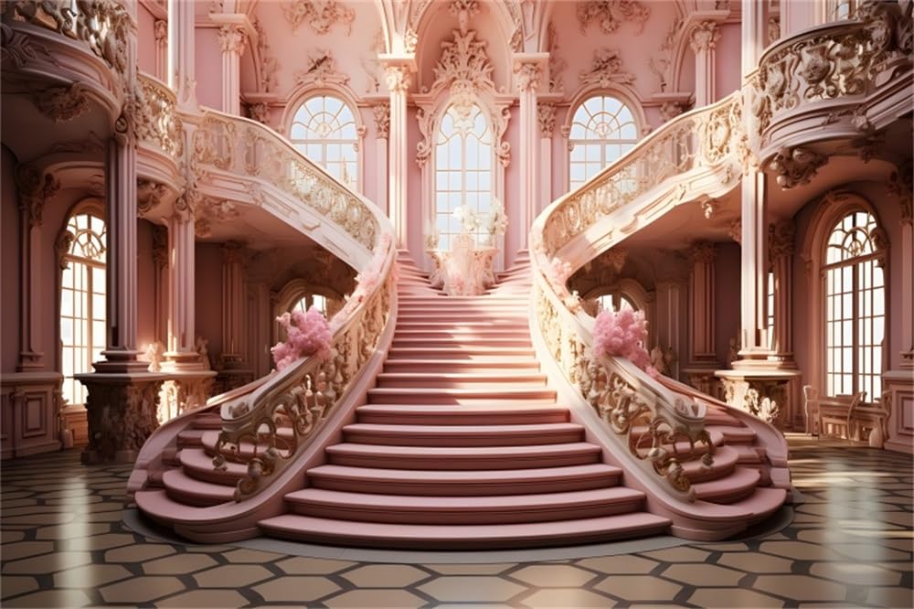 OFILA Luxury Palace Wedding European Building Backdrop 8x6FT Interior Birthday Party Photography Backdrop Wedding Ceremony Pink Background Bridal