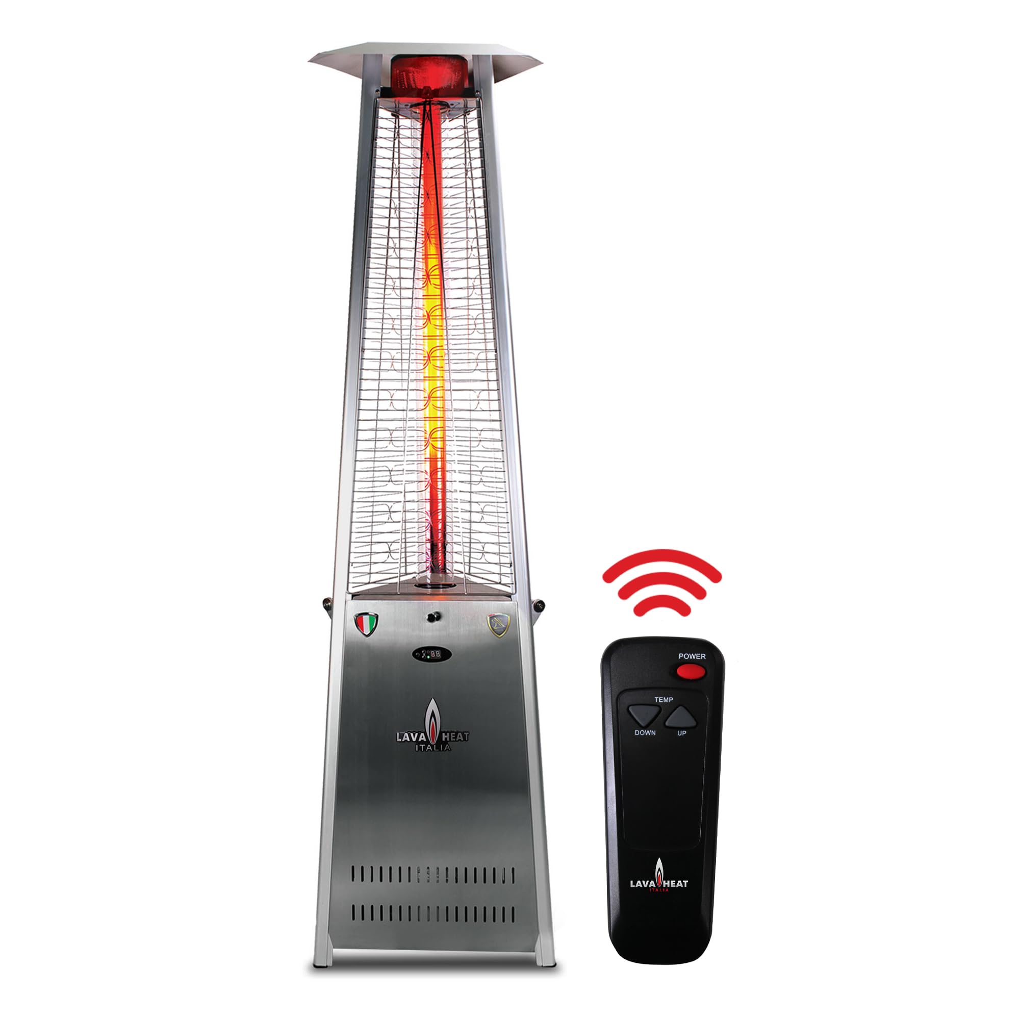 Lava 2G A-LINE 8 ft. Remote Control 66000 BTU Portable Propane Pyramid Patio Heater, 4 inches Glass Tube, Triple Protection System, Electronic Ignition, 36 Sq. Ft. Heat Range, Stainless Steel