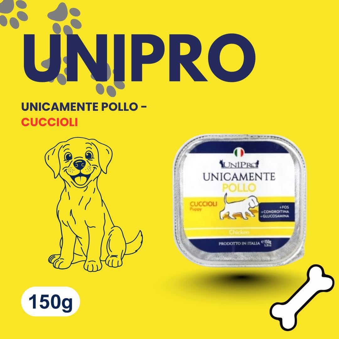 Umido Unipro Perro Unicamente Pollo, alimento completo monoproteico para perros cachorros de todas las tallas y razas | 12 bandejas de 150 gramos cada una, 12 x 150 g