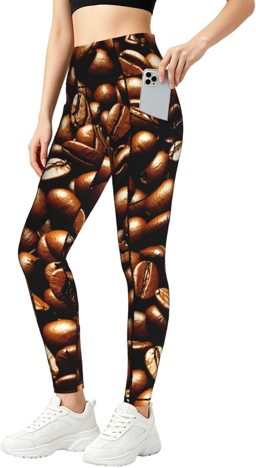 Funny Roasted Coffee Beans Print High Waist Leggings with Pockets for Women,Gym Clothes,Compression Leggings