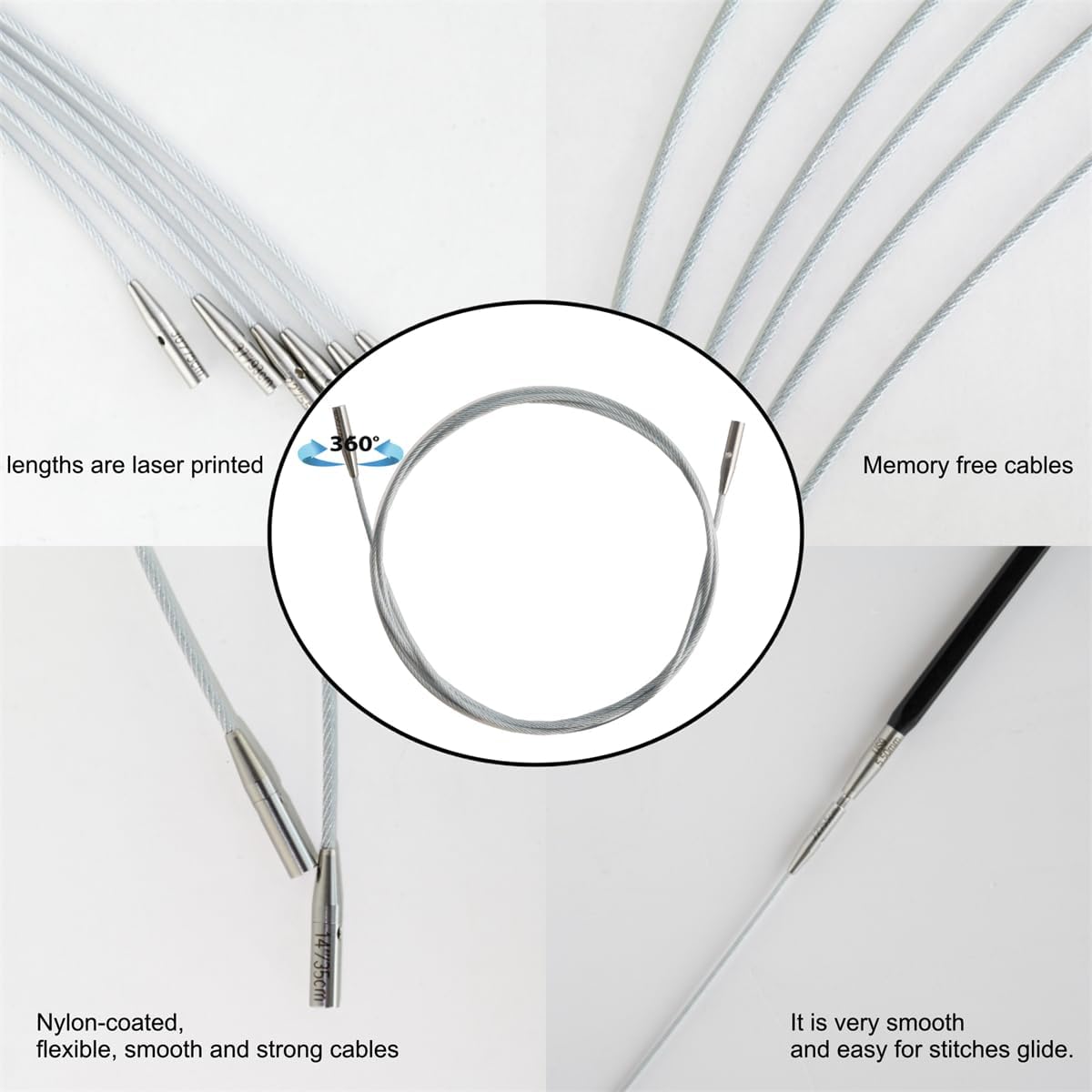 Silver Interchangeable Swivel Nylon Cables Rope, Matching Lotus Yarns Needles Tips, Useful Needle Cords with 2 Stoppers (22"/55cm)