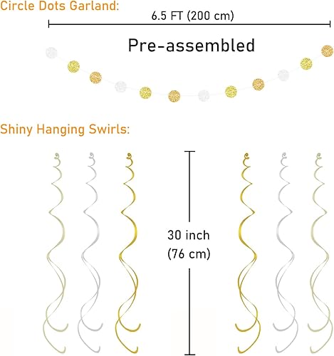 Miniatura 7 de KOKAR Decoraciones doradas de feliz cumpleaños: pancarta dorada de feliz cumpleaños, pompones de papel, remolinos colgantes y guirnalda de puntos