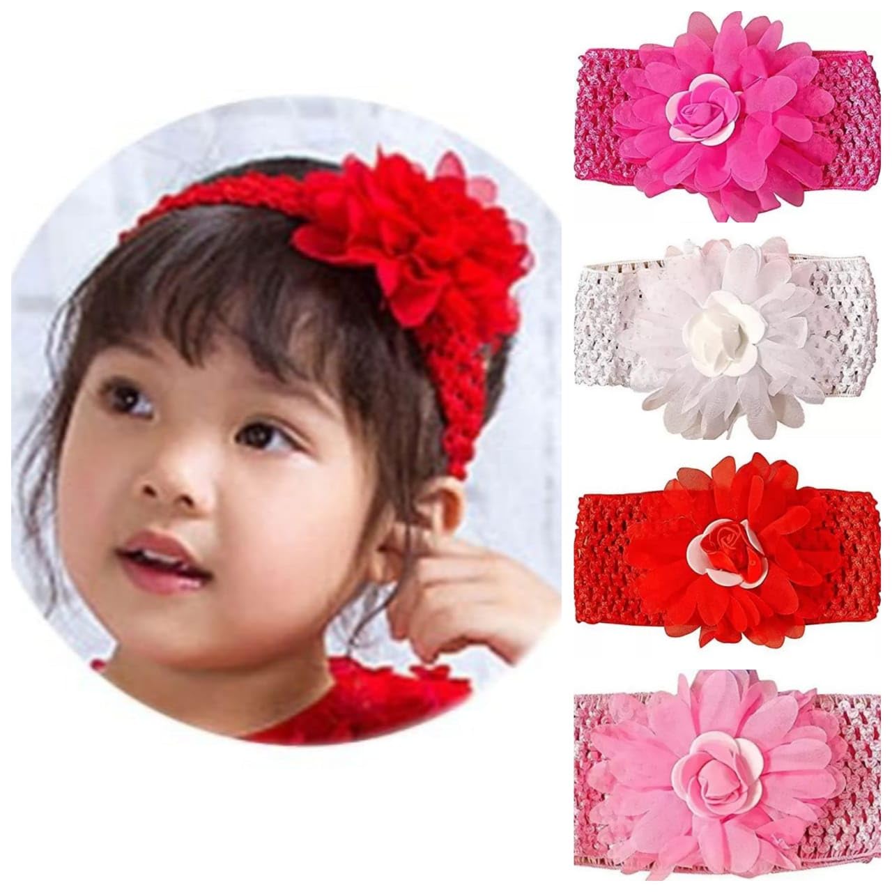 MISS LIRENN® Bow and Rose Floral Design Crochet Headband for Newborn Infant Girls and Toddlers, 4 Colours Pack – Hot Pink, White, Red, Light Pink