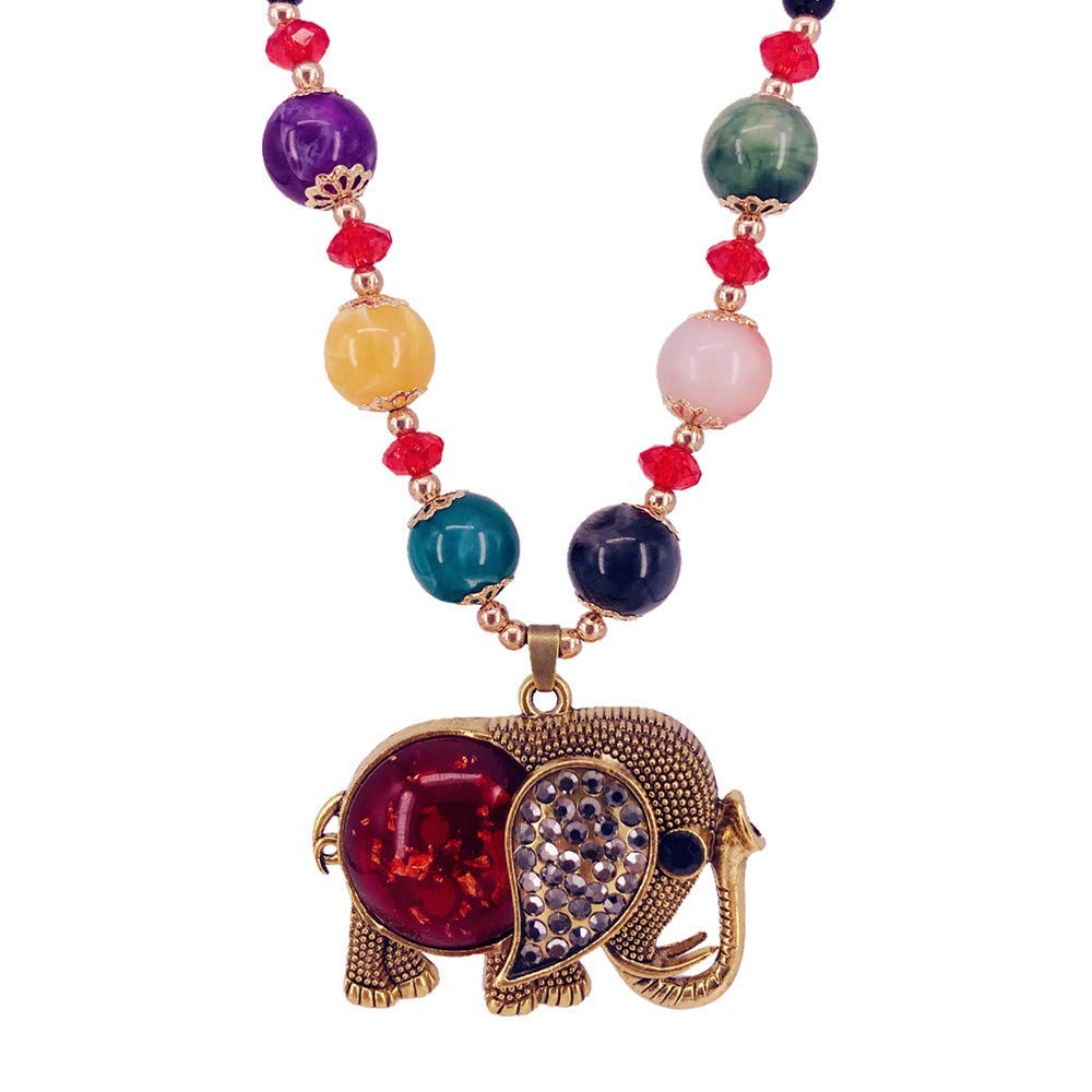 QTMY Diamond Beaded Boho Pendant Long Necklace Jewelry for Women (Elephant)