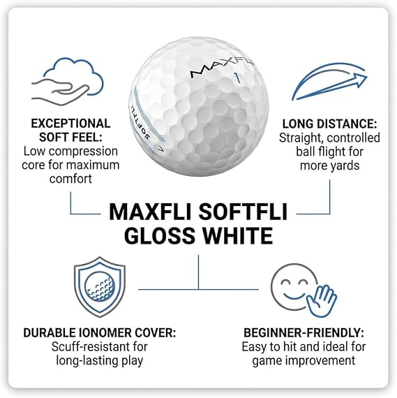Maxfli SoftFli Golf Balls 12-Pack Gloss White | Soft Feel Low Compression Golf Balls for Distance & Control | Durable Ionomer Cover | Ideal for Beginners & Recreational Golfers