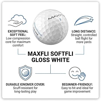 Maxfli SoftFli Golf Balls 12-Pack Gloss White | Soft Feel Low Compression Golf Balls for Distance & Control | Durable Ionomer Cover | Ideal for Beginners & Recreational Golfers