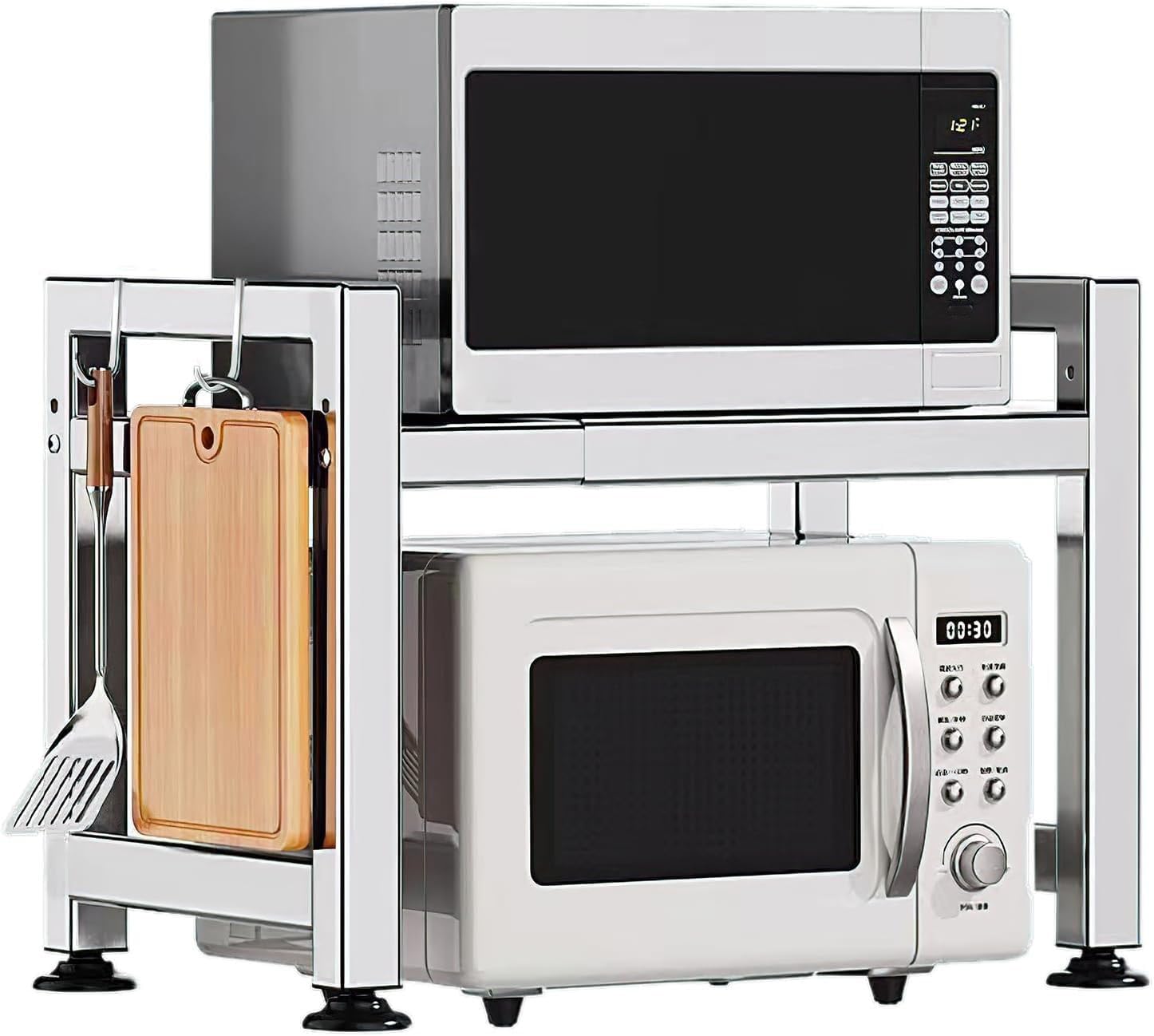 OWOHYG Adjustable Microwave Shelf With 4 Hooks-2-Tier Stainless Steel Storage Rack For Kitchen Counter,Over Microwave For Utens And Dishes.