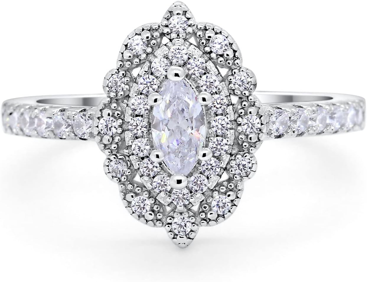 Blue Apple Co. Vintage Style Art Deco Marquise Wedding Engagement Bridal Ring Round Simulated Cubic Zirconia 925 Sterling Silver