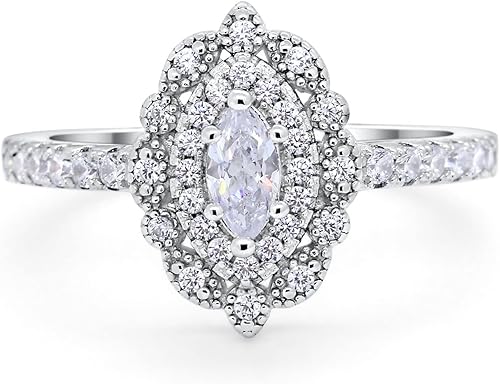 Blue Apple Co. Anillo de compromiso de boda marquesa de estilo vintage Art Deco de plata de ley 925 con circonita cúbica de imitación redonda