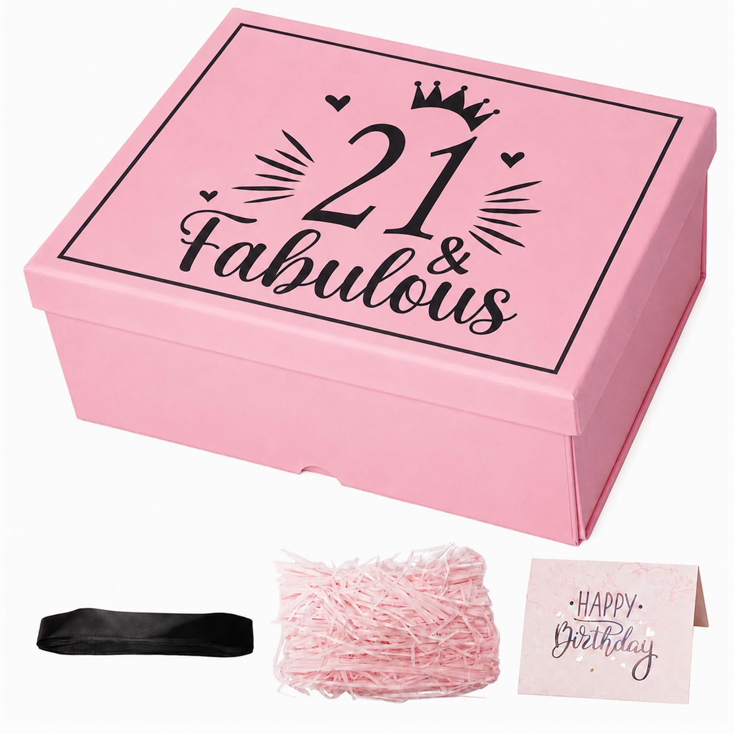 Large Pink Gift Box with Magnetic Lid for Girl21th Birthday, Includes Card, Ribbon, and Filler (Pink 21th)