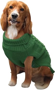 HugglePets Cable Knit Winter Dog Jumper - Khaki Green Medium 40cm Deep Weave Dog Clothes with Under Body Protection, Short Sleeve Fit & Collar Hole. Machine Washable Sweater for Dogs & Pets.