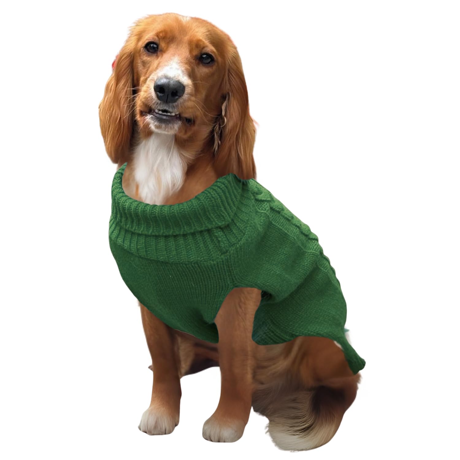HugglePets Cable Knit Winter Dog Jumper - Khaki Green (Large 50cm) Deep Weave Dog Clothes with Under Body Protection, Short Sleeve Fit & Collar Hole. Machine Washable Sweater for Dogs & Pets.