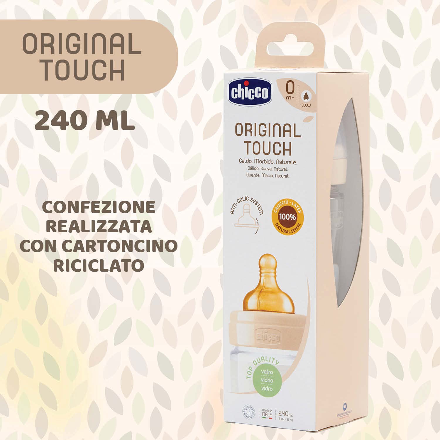 Chicco Original Touch Biberon, Vetro, Neutro, Flusso Lento, Beige, 240 ml