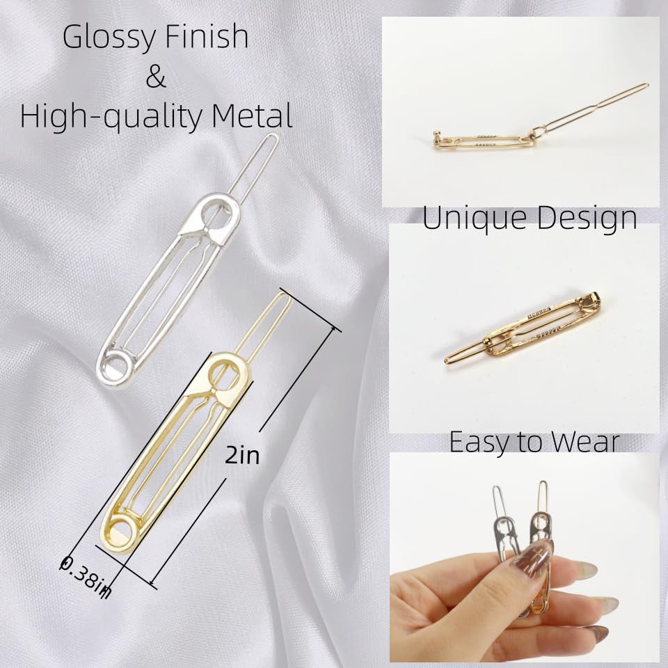 Unique Pin-Shaped Metal Hair Clips Set-Goth Safety Pin Barrettes for Bangs, Side Hair,4Pcs Silver&Gold Hairpins for Women| Trendy Minimalist Head Accessories for Daily Outfit&Special Gifts for Her