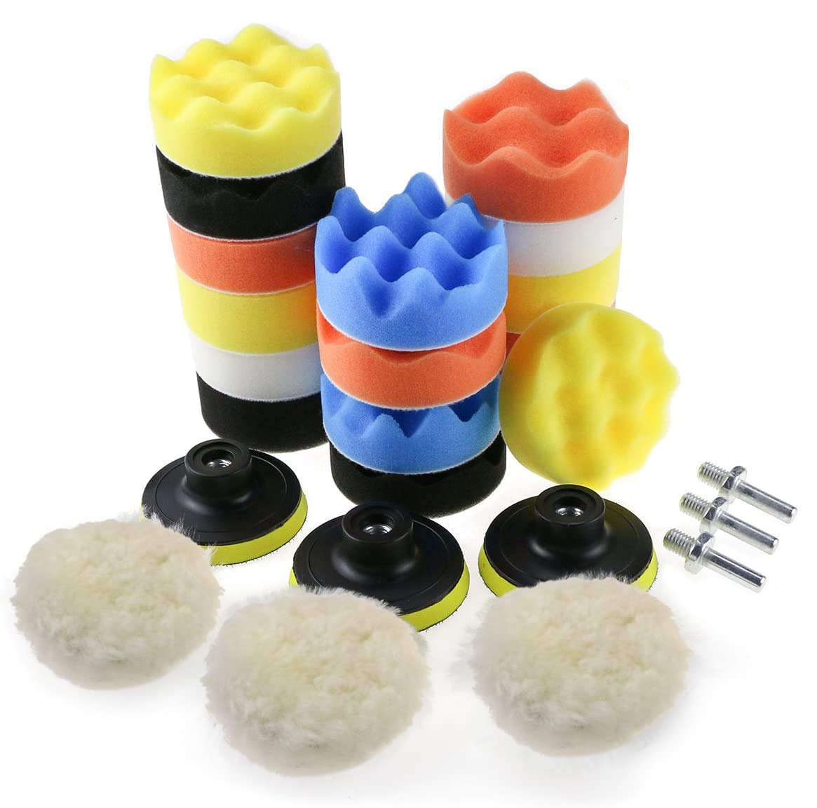 Azonee Polishing Pad Kit With M10 Drill Adapter - 25 Pcs Buffing Pads, Woolen Waxing Pads, Car Foam Polisher Attachment for Drill and Machine
